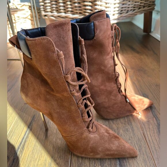 New Good American Lace Up Ankle Boots Tobacco Suede Pointed Toe - Picture 3 of 8